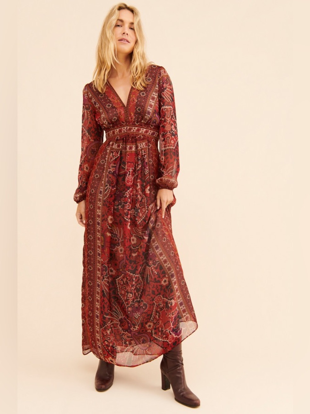 Ranna Gill Red Paisley Boho Long Sleeve Maxi Dress Size 2